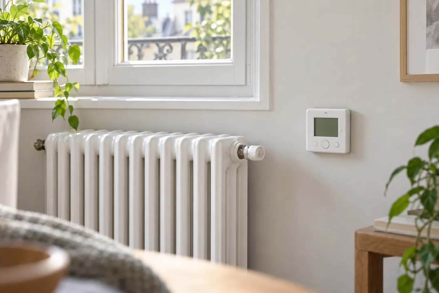 Radiateur blanc sous une fenêtre et thermostat d'ambiance mural dans un appartement lumineux